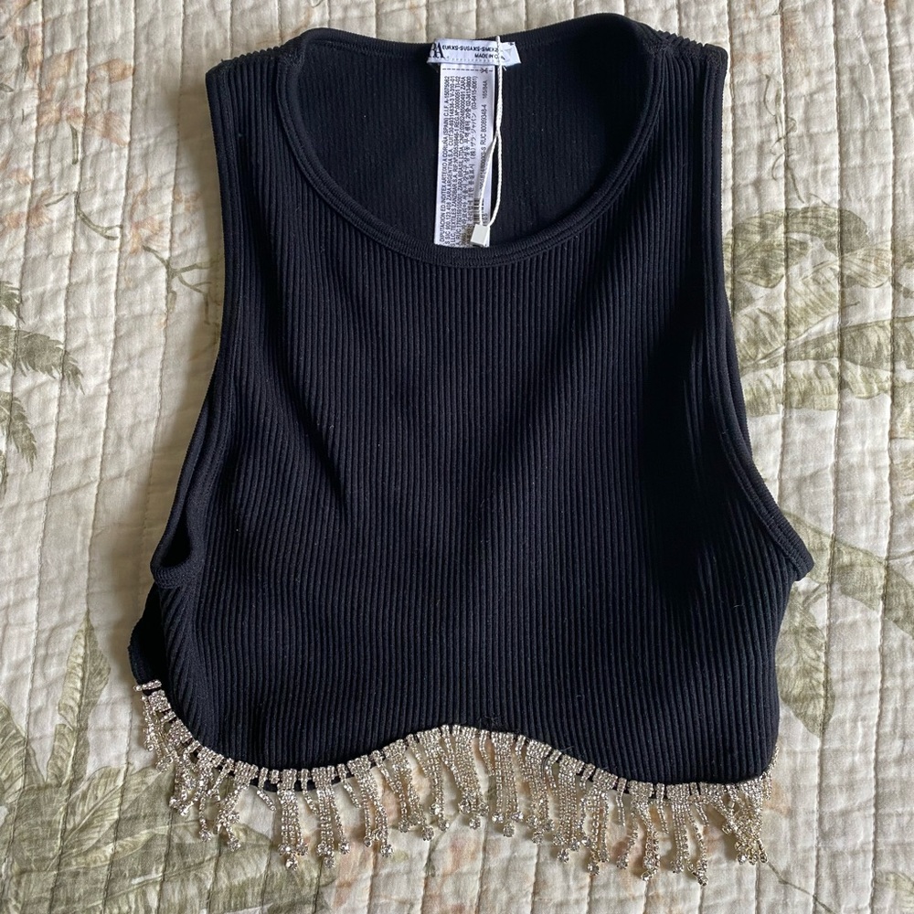 NWT zara seamless rhinestone top sz xs/s black